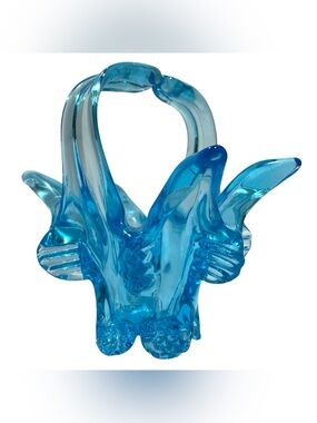 Vintage 1960s Chalet Small Blue Floral Basket Art Glass Vase - Canadian Hand Blo